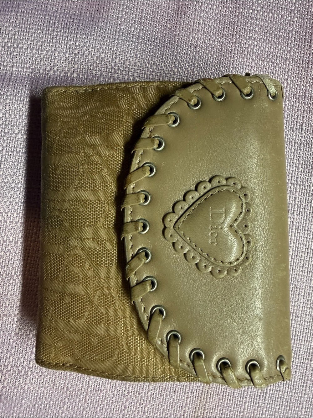 Dior Beige Heart-Embossed Bifold Wallet with Whipstitch Trim